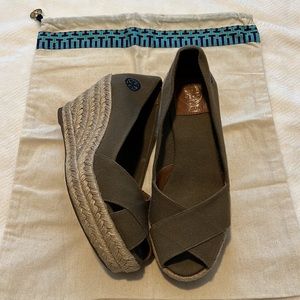 Tory Burch Filipa Olive Green Canvas Espadrille Wedges
